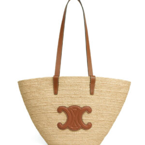 Celine Medium Supple Celine Classic Panier In Raffia And Calfskin 114342 Coffee